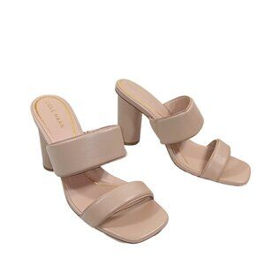 Cole Haan Reina Sandals Womens 10 Brush Tan Leather Two-Band Cylinder Heel New